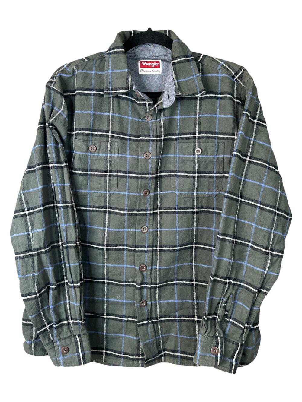 Men’s Wrangler Green Blue Plaid Long Sleeve Button Down Flannel Size Large